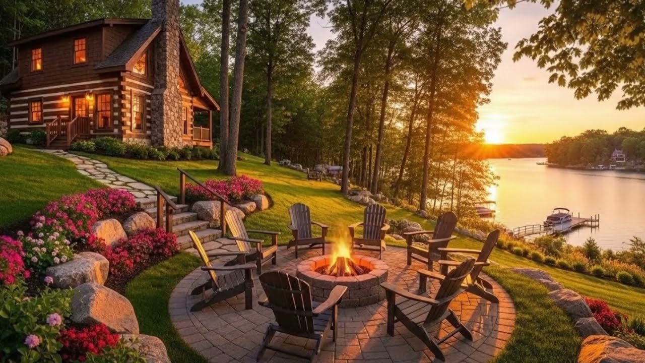 Cozy Lakeside Cabin at Sunset 🔥🌅 | Crackling Campfire & Peaceful Nature Sounds