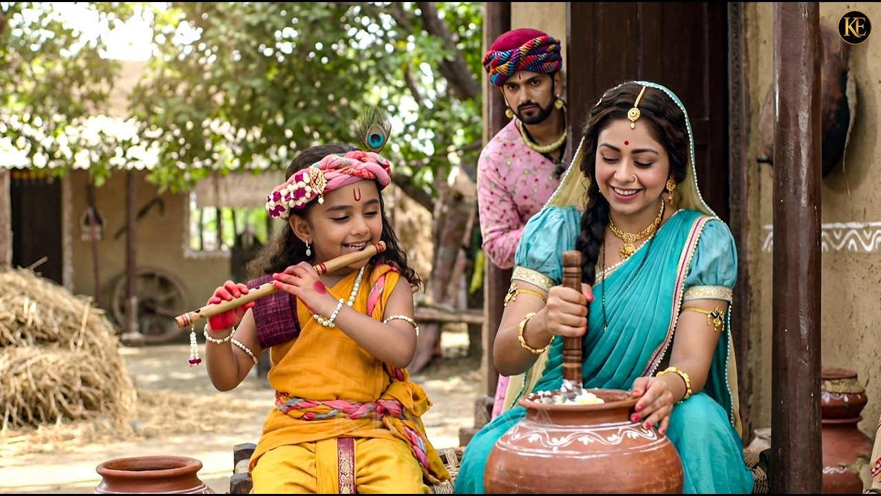 यशोदा मैया माखन मथ रही हैं, कान्हा बजा रहे बांसुरी! छुपकर देख रहे नंद बाबा || YMKN ||
