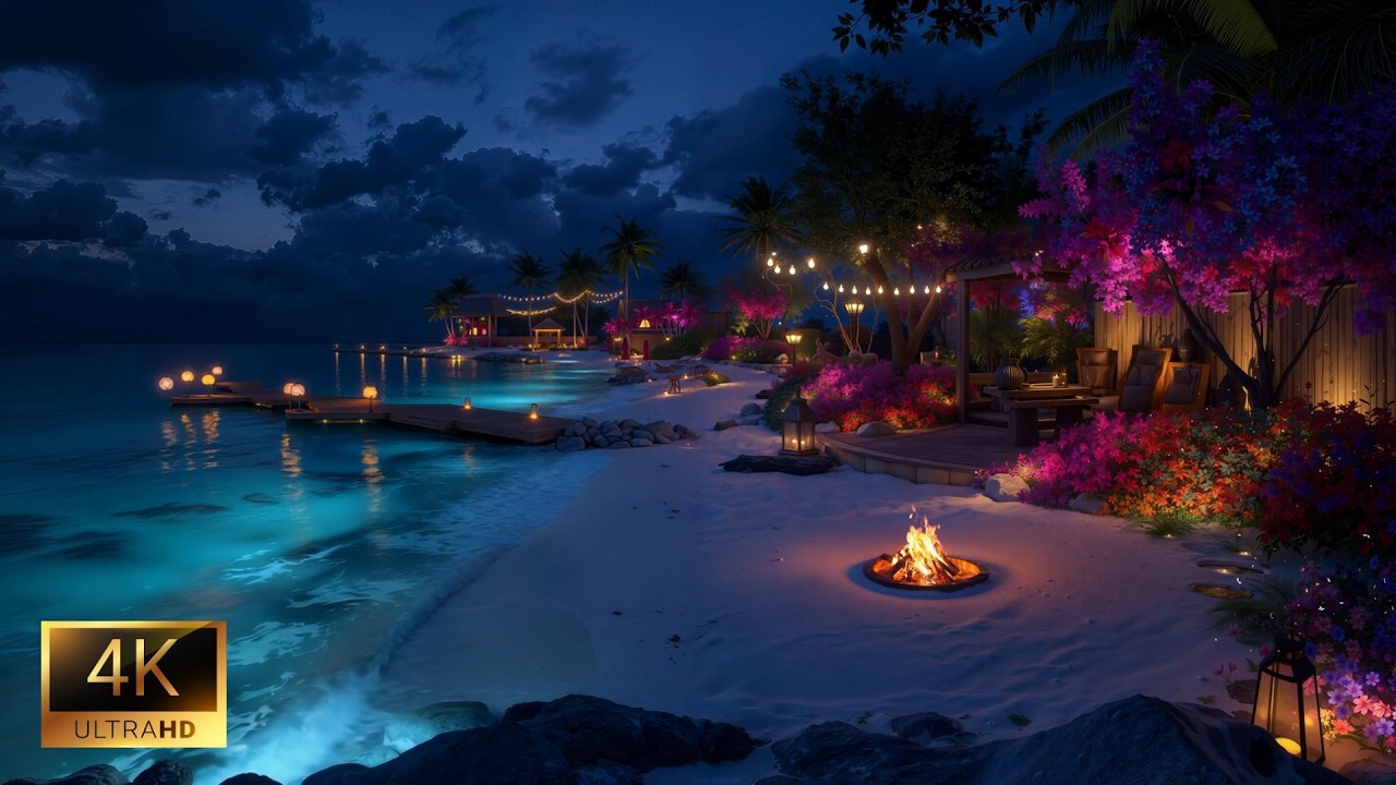 Soft Ocean Waves & Fire Sounds Ambience🌊🔥 Deep Sleep, Calm Stress for Night Relief