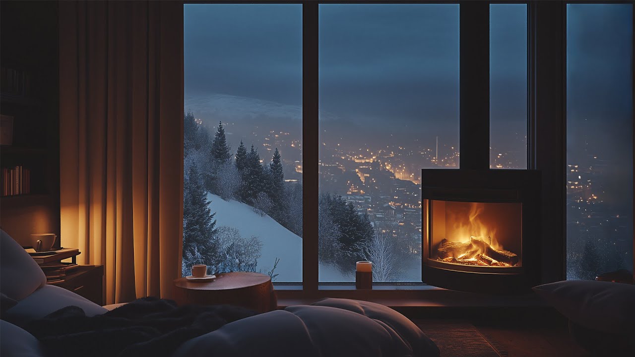 Relax From A Cozy City View On A Snowy Winter Night❄️Snowfall Winter Ambience & Crackling Fireplace