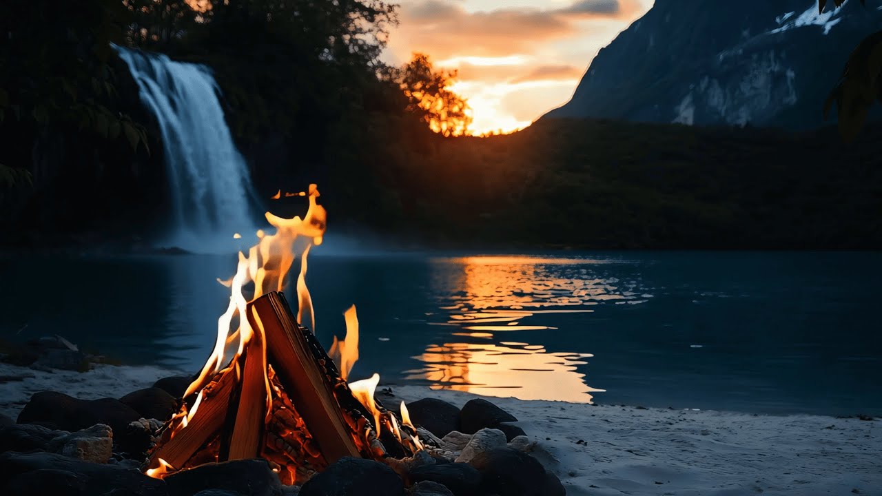 Tranquil Lakeside Campfire with Waterfall  With Relaxing Nature Sounds ASMR for Focus