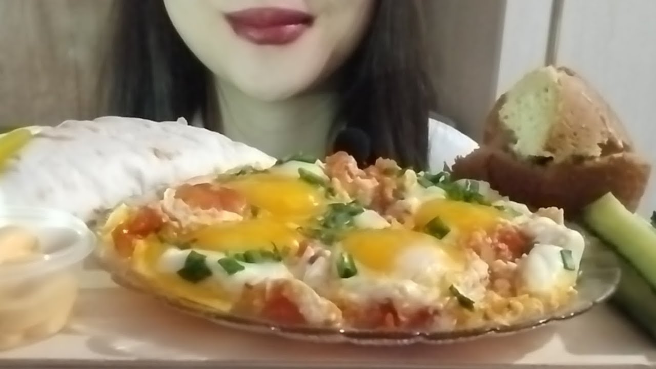 ASMR Eating Shakshuka, Cucumber, Shawarma and pepper 