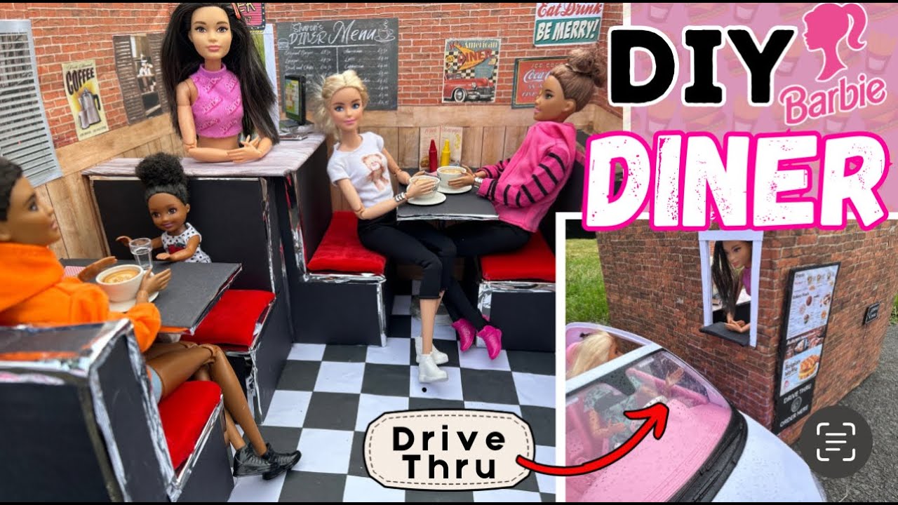 DIY How to make a DINER for BARBIE DOLLS. Miniature Restaurant / Cafe Mini Doll Box Room. Drive thru