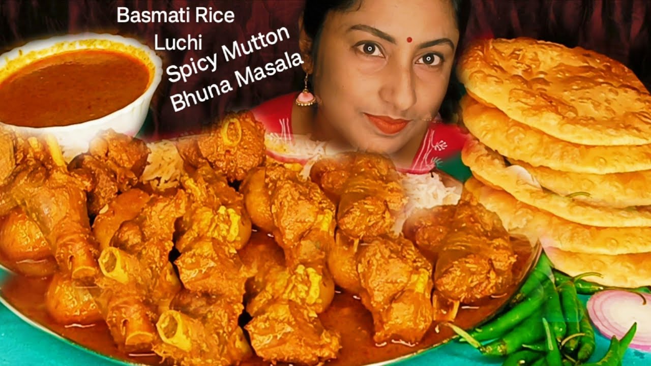 SPICY🥵MUTTON BHUNA MASALA LUCHI BASMATI RICE GREENCHILLIES🌶️SALAD INDIAN MUKBANG ASMR EATING 
