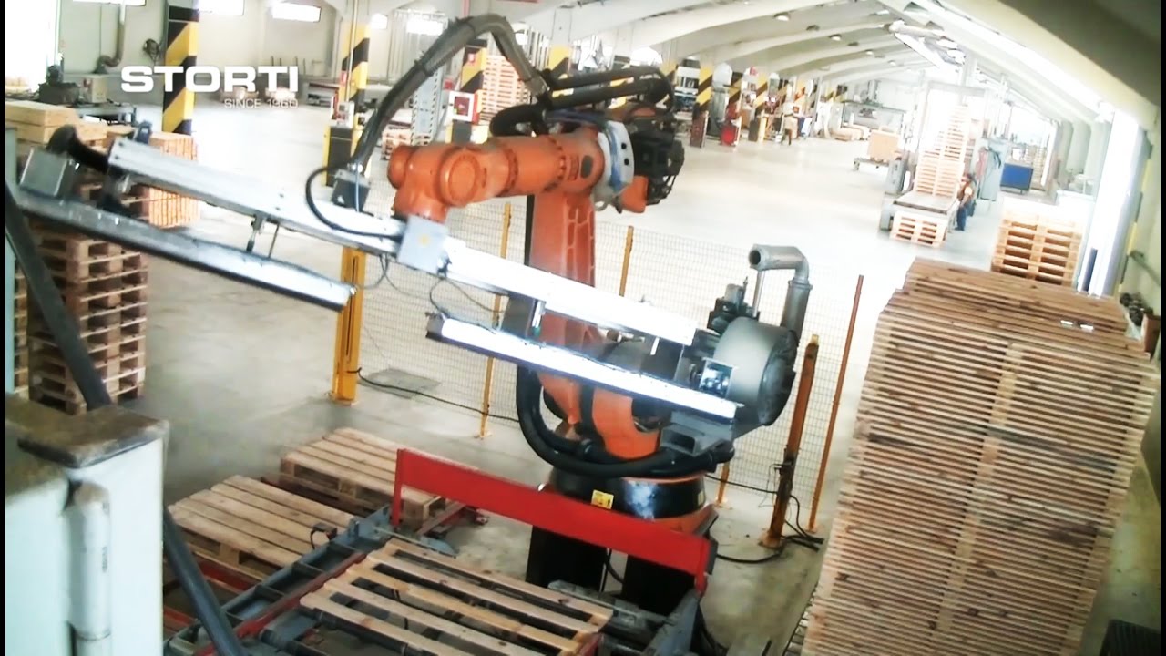 STORTI Mechanical nailing line with rapid setting for decks and skid with anthropomorphic Robot