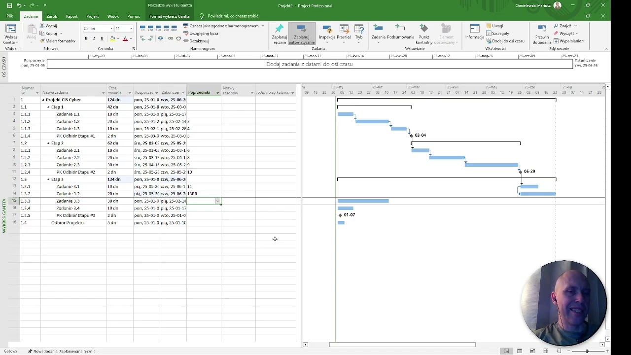 Microsoft Project - budowa projektu - Zależności czasowe