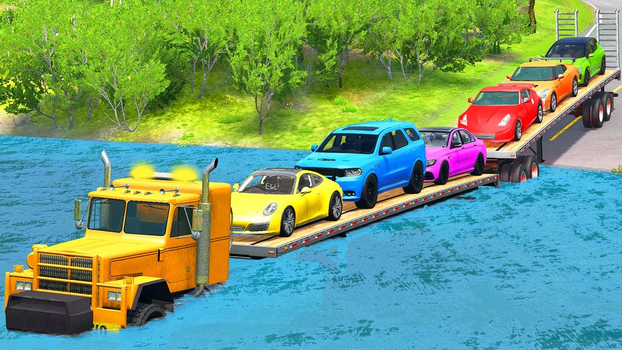 Double Flatbed Trailer Transport Truck Rescue - Cars vs Potholes vs Deep Water - BeamNG.Drive