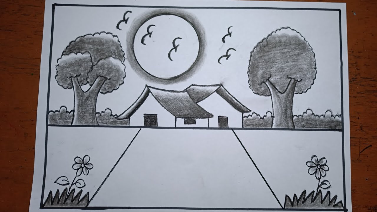 Realistic scenery drawing easy/How to draw a realistic sunset with pencil/Simple village scenery art