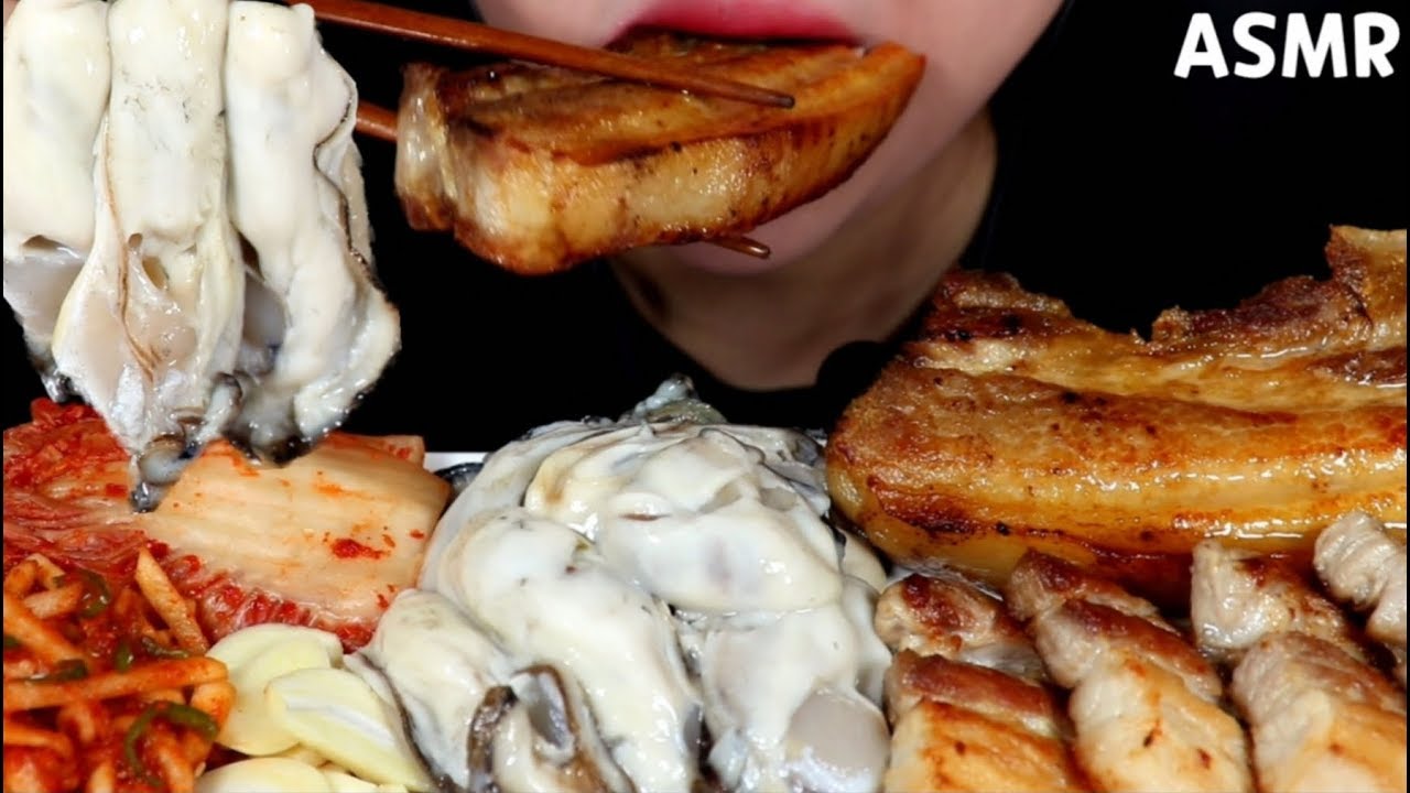 ASMR Grilled Pork Belly&oysters 통삼겹살&생굴 리얼사운드 먹방 หมูย่าง&หอยนางรม Thịt lợn nướng&con hàu mukbang