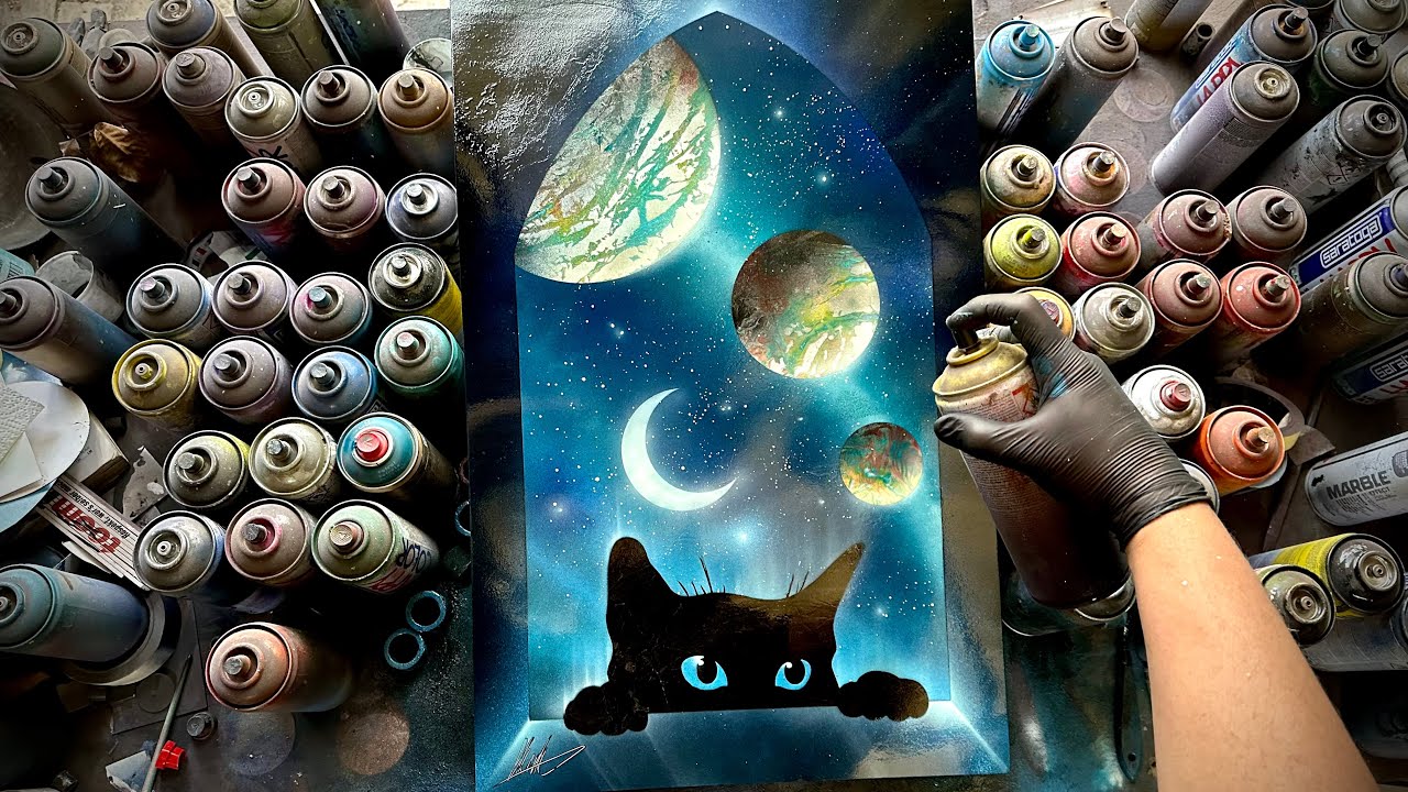 Blue Eyed Cat on Window - SPRAY PAINT ART by Skech