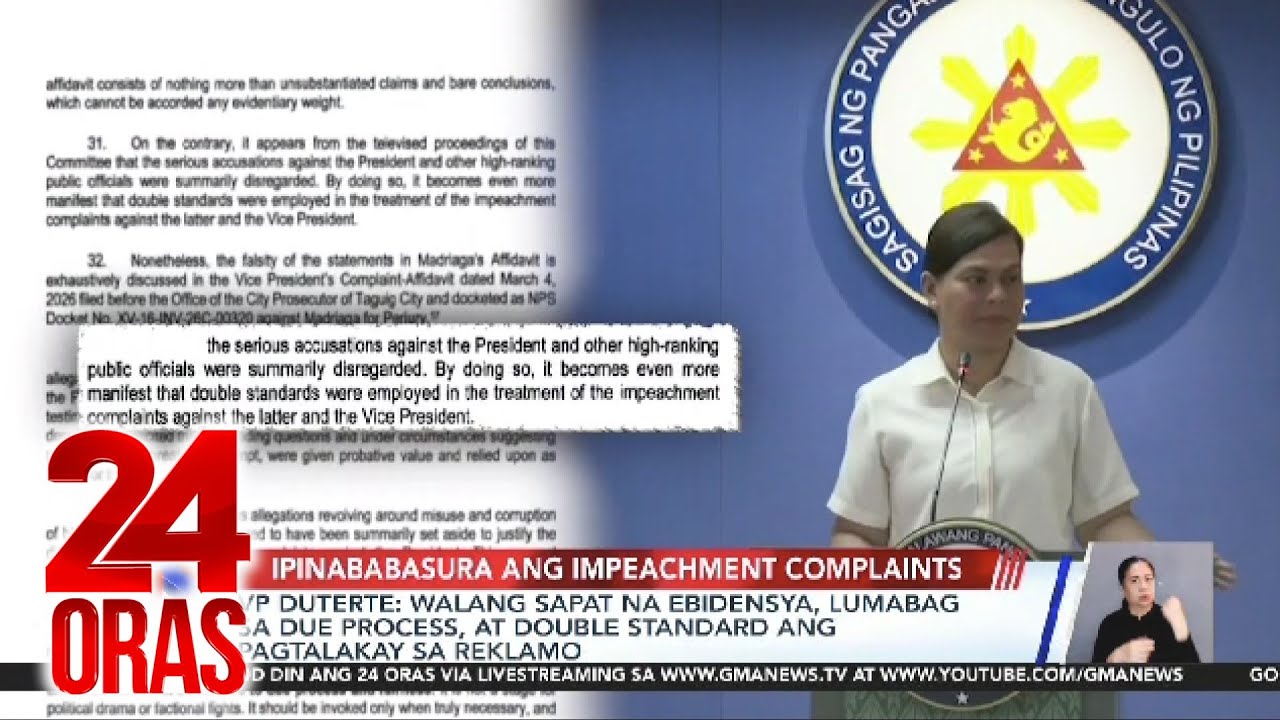 Vice President Sara Duterte &mdash; walang sapat na ebidensya ang impeachment raps | 24 Oras