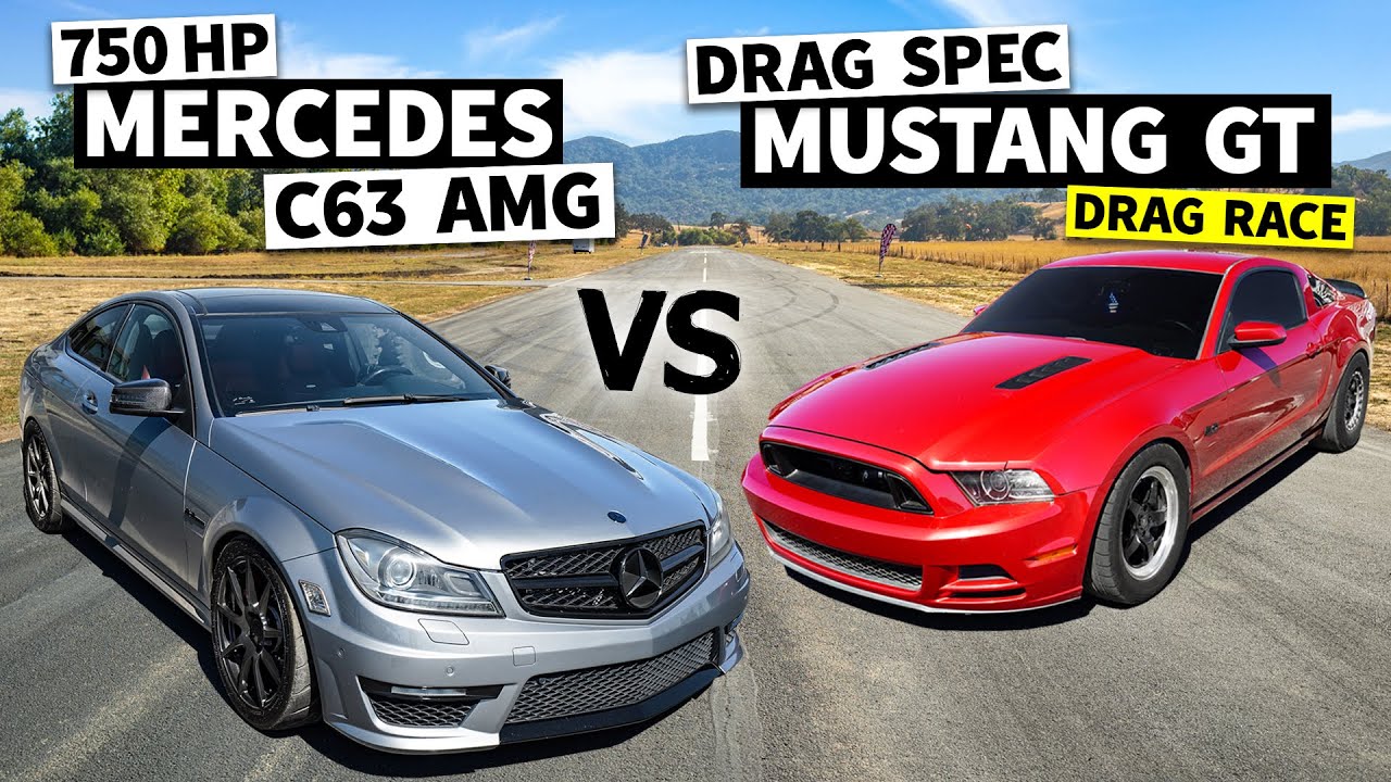 750hp C63 AMG drag races Twin Turbo Mustang on Big Slicks