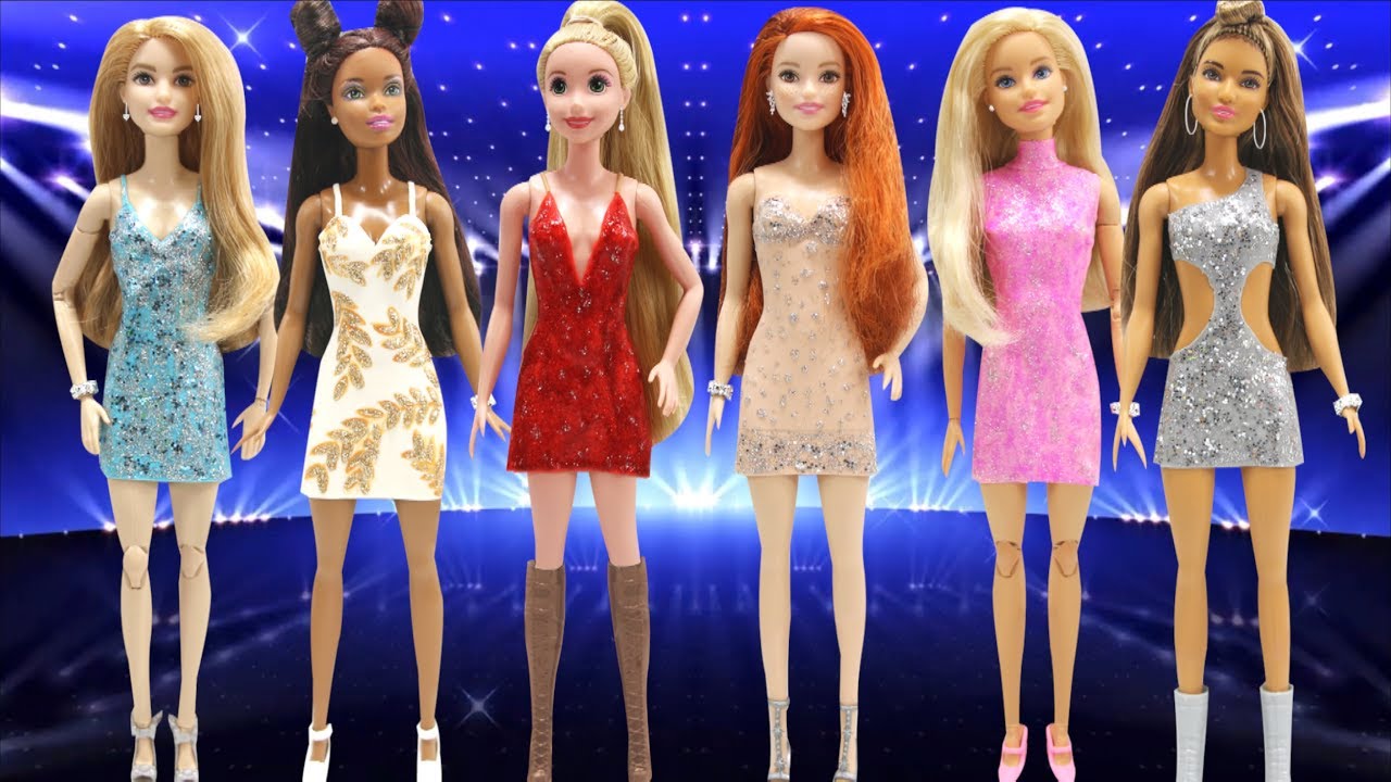 Play Doh Disney Princess Rapunzel and Barbie Dolls in Sequins Party Dresses  Inspired Costumes