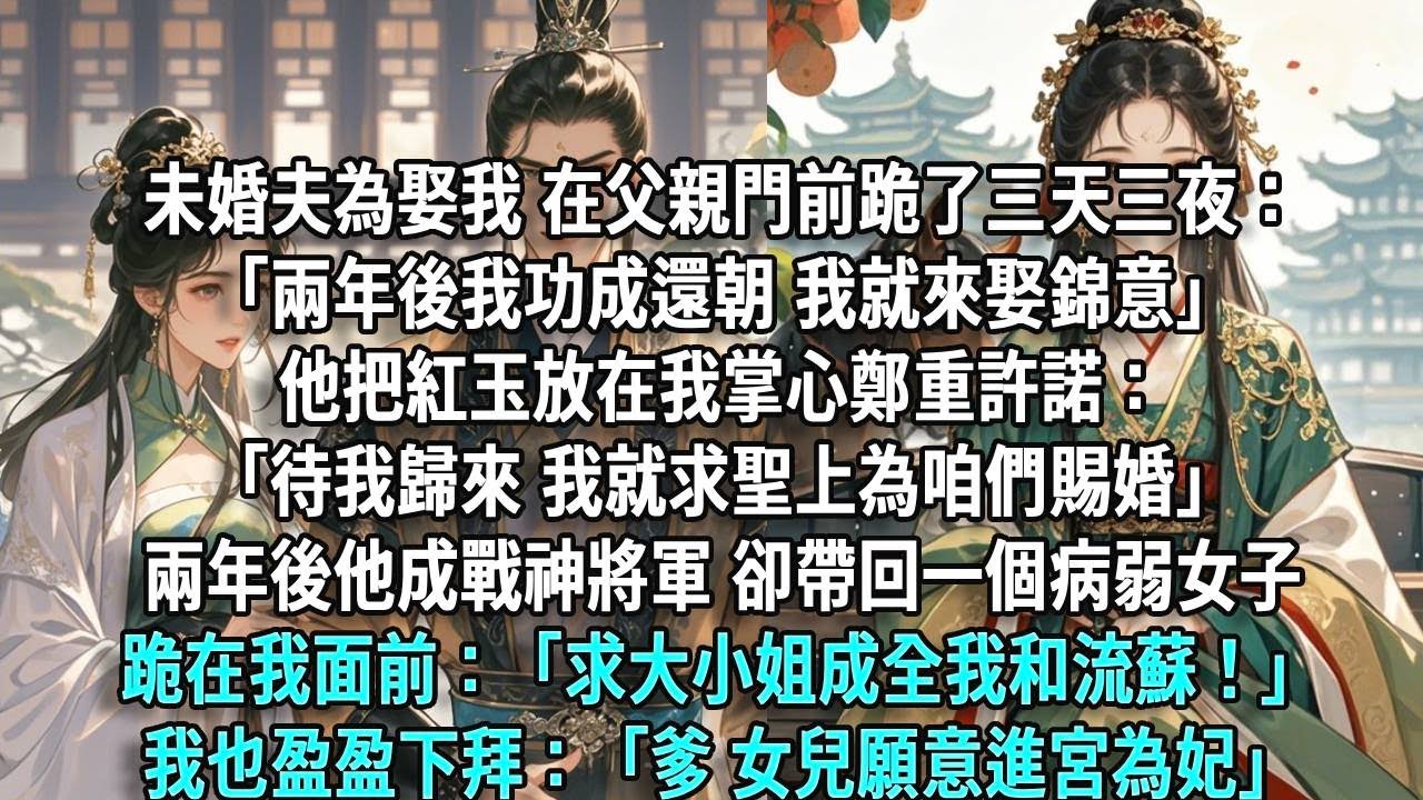 未婚夫為娶我在父親門前跪了三天三夜：「兩年後我功成還朝，我就來娶錦意」他把紅玉放在我掌心許諾：「待我歸來，我就求聖上為咱們賜婚」兩年後他成戰神卻帶回病弱女子，跪在我面前：「求大小姐成全我和流蘇」
