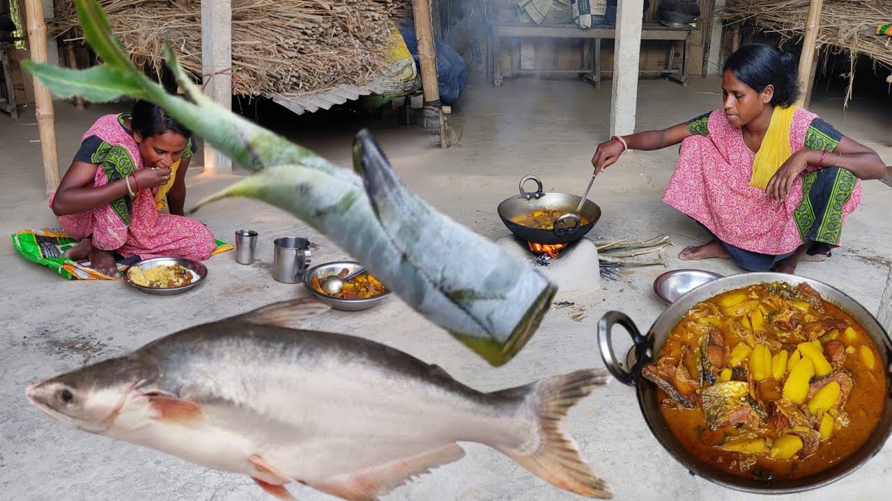 How to cook BANANA TREE recipe with PANGAS FISH by our santali tribe family | New style cooking