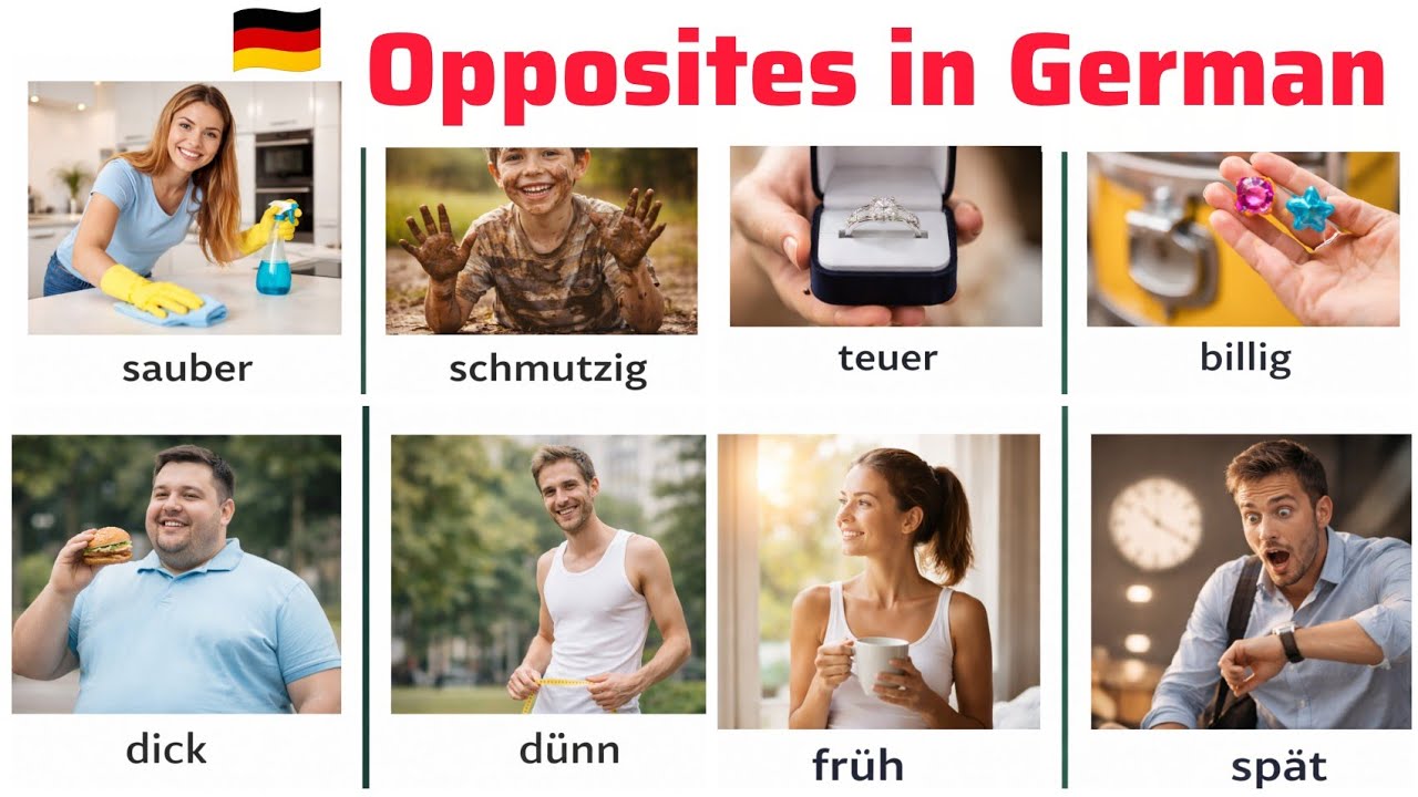 Opposites in German with example sentence || german vocabulary of opposites 