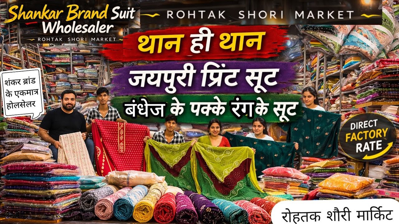थान ही थान।रोहतक मार्केट में शंकर ब्रांड के एकमात्र होलसेलर।जयपुरी प्रिंट सूट।पक्के रंग के बंधेज सूट