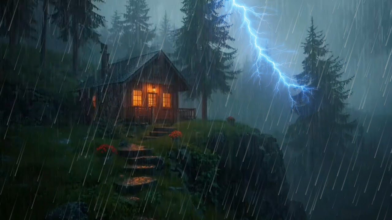 Stormy Rain in a Hidden Forest Cabin | Sleep, Study, Relax
