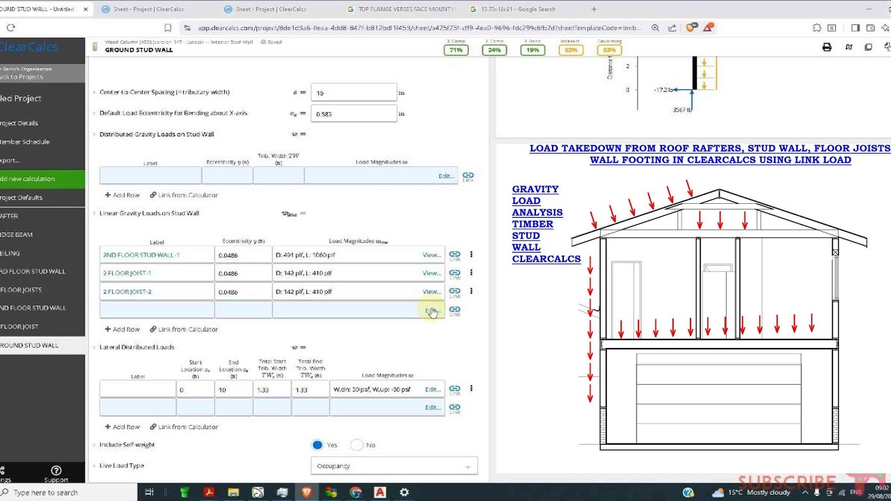 Timber Stud wall design for gravity loads || Clearcalcs Load Takedown from roof floor to Footing.