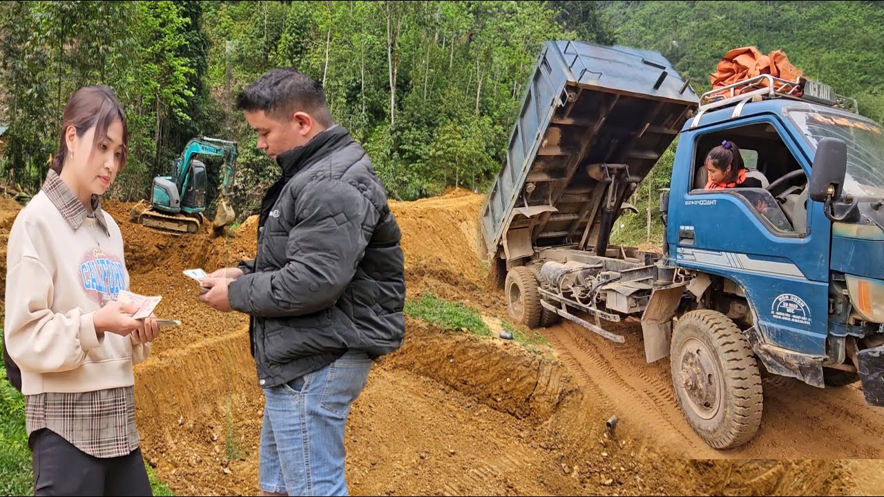The driver and the girl drive excavators and trucks to renovate the fish pond for the girl