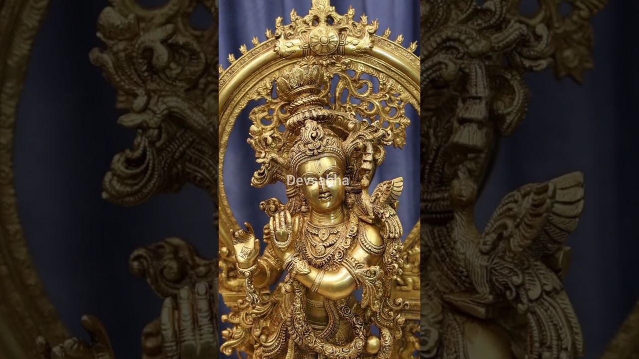 Brass Krishna idol height 32 inches for divine decor and spiritual ambiance. 