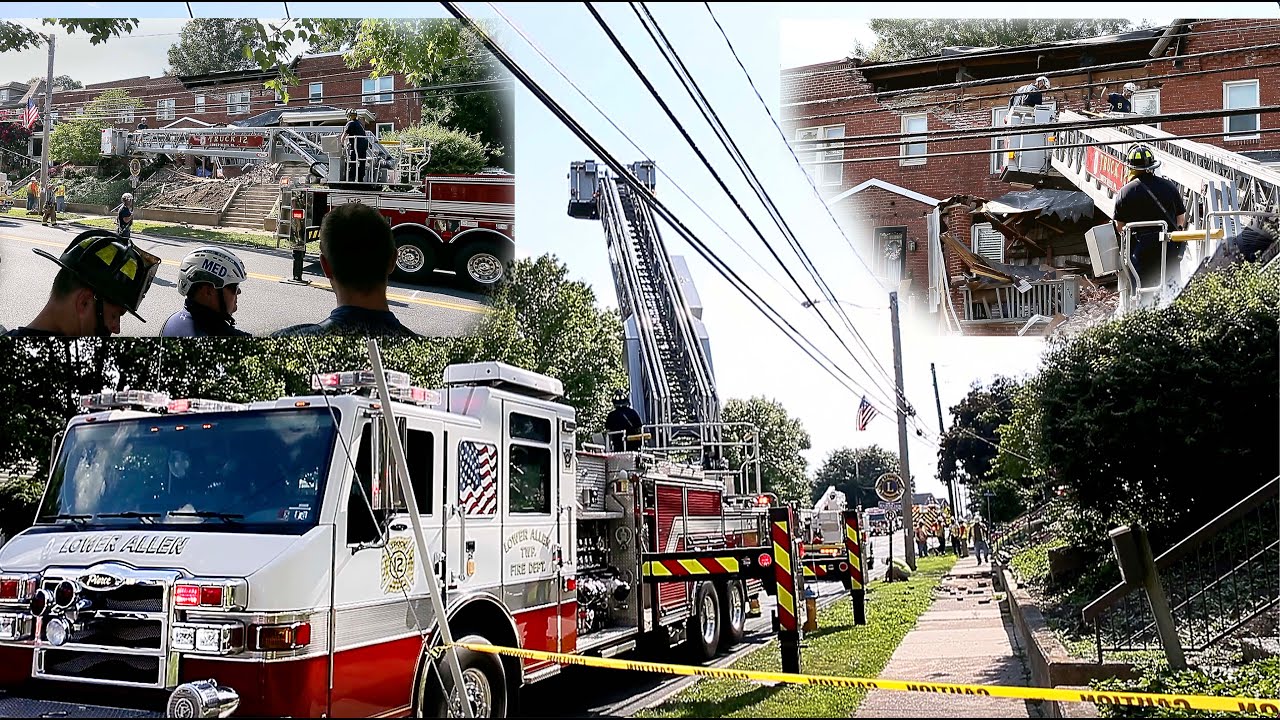Building Collapse PIERCE VELOCITY Fire truck 100-FOOT AERIAL PLATFORM at work