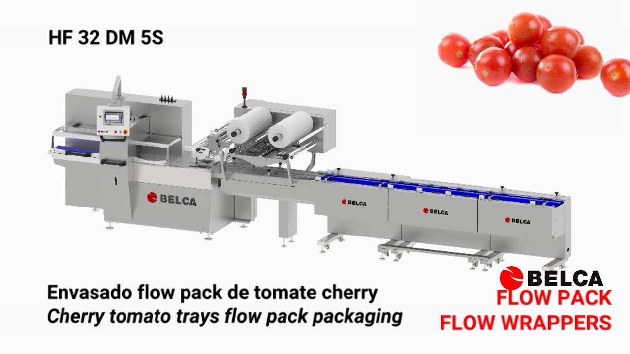Envasado flow pack con entrada sincronizada de bandejas de tomate cherry en HF 32 DM5S