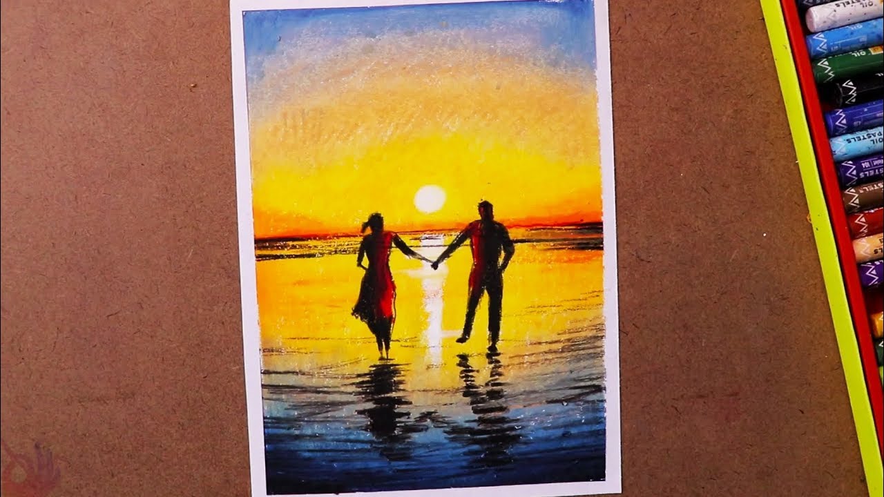 Romantic couple scenery drawing and painting with oil pastels