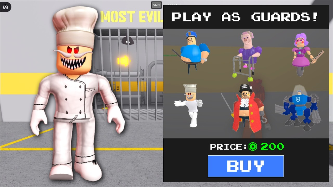 Играйте за Папу Пиццу в игре Barry's Prison Run на Roblox Obby Run.