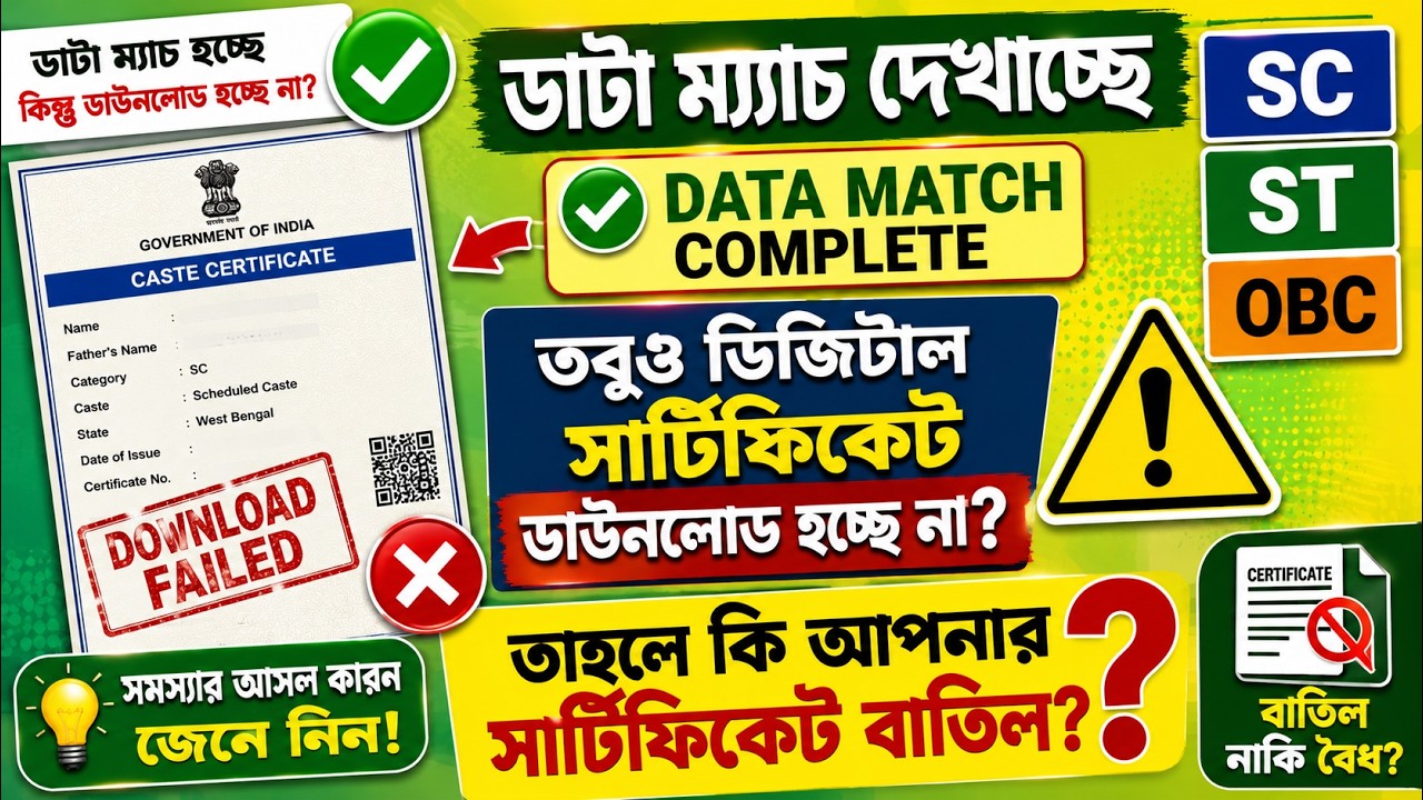 🚨 Data Match Complete! তবুও Digital SC/ST/OBC Certificate Download হচ্ছে না? কার্ড বাতিল নাকি?