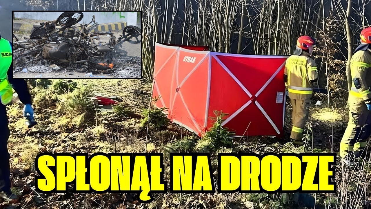 Dramat na drodze. Motocyklista pod płonącym autem
