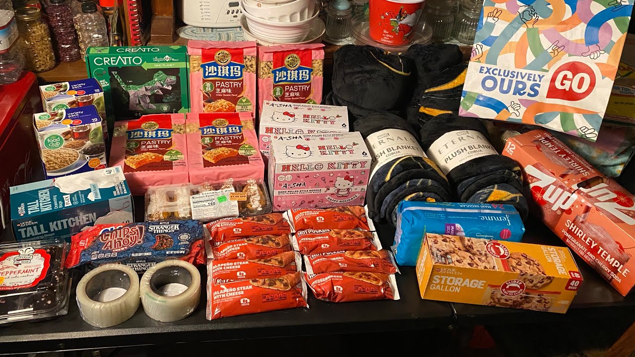 $72.25 Grocery Outlet Bargain Market weekly food haul, food and home supplies, blankets for cats