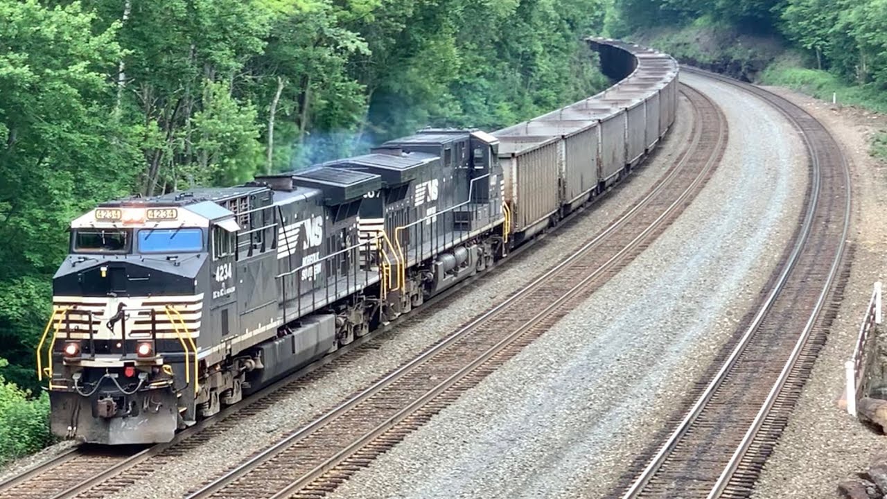 Coal Train W/Locomotives Front, Middle & Rear Of Train Having Engine Problems.  Pennsylvania Trains!