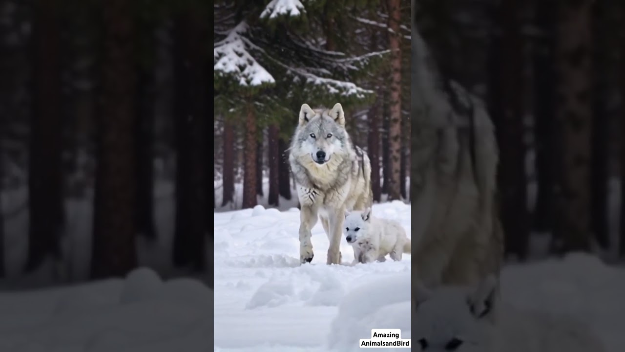 Rare Footage: Snow White Wolf and Adorable Baby Wolf Walking in Winter Wonderland