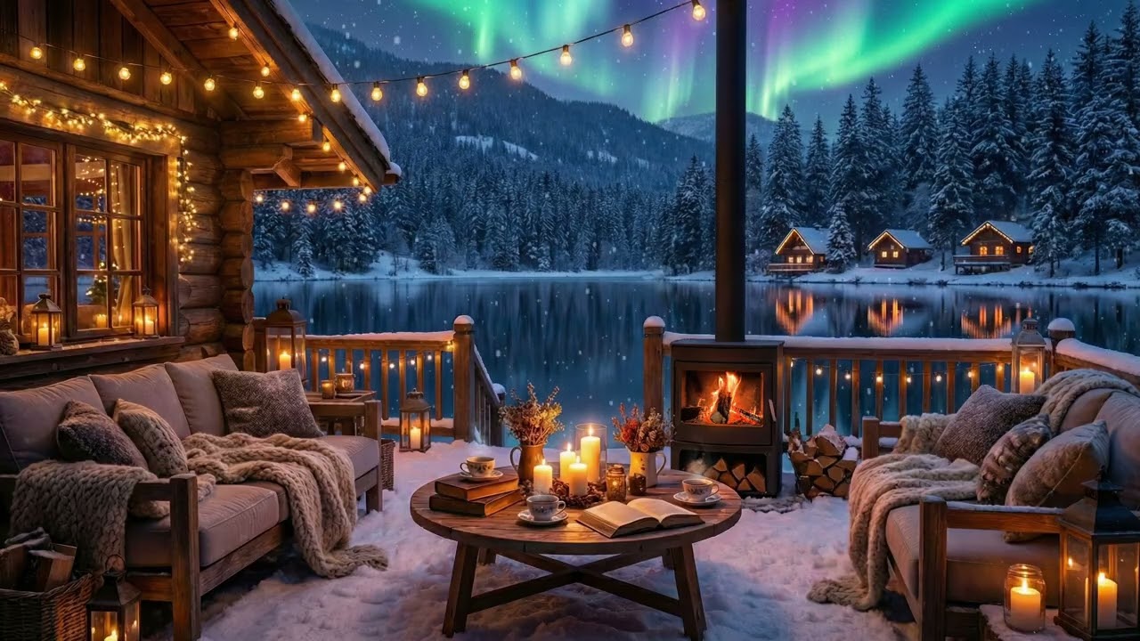 Cozy Lakeside Night ❄️ Fireplace Glow & Northern Lights ✨