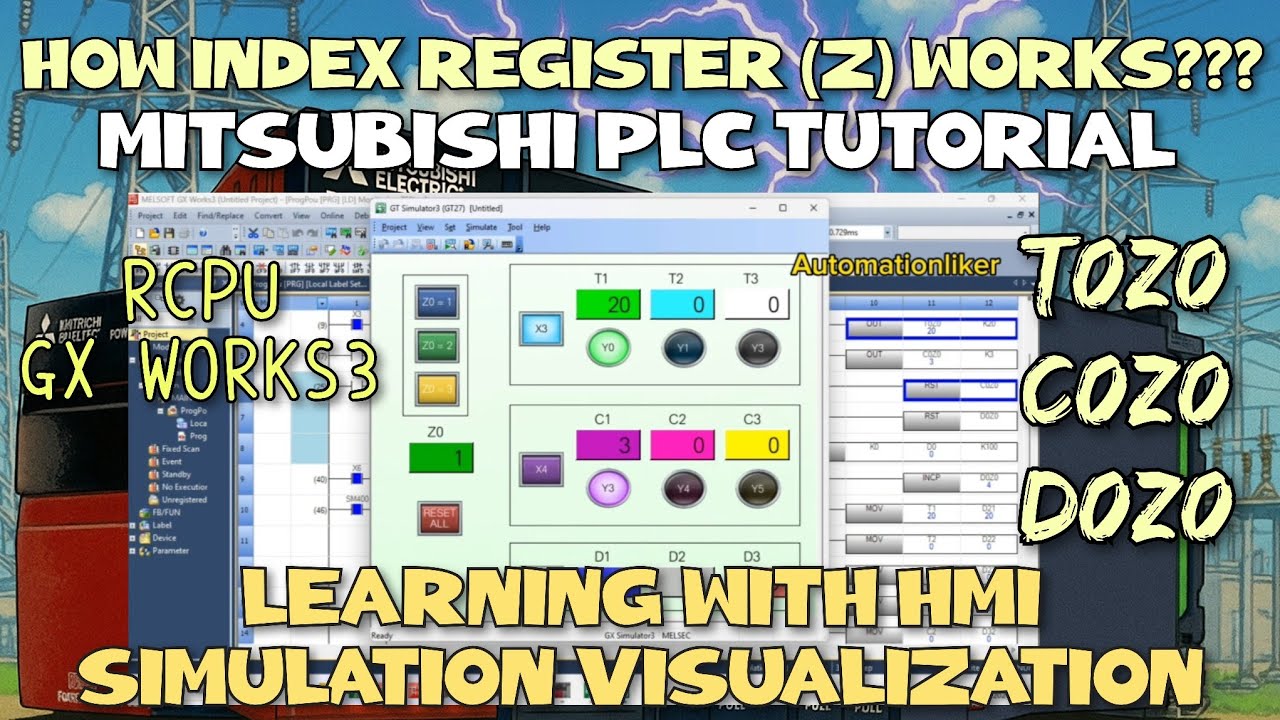 GX Works3 : Index Register (Z) Mitsubishi PLC Tutorial with HMI GT Designer3 GOT2000 Simulation