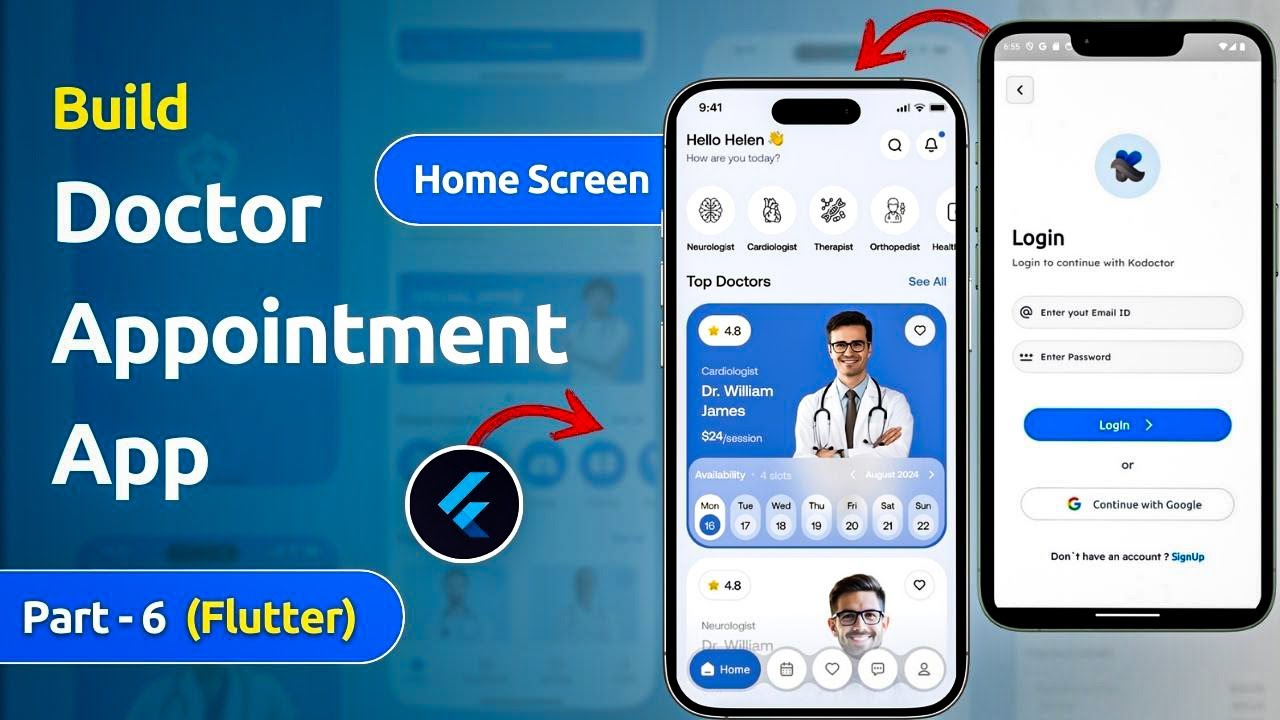 Home Screen (UI) for Doctor Appointment App Flutter + FlutterFlow | Part 6 (Hindi)