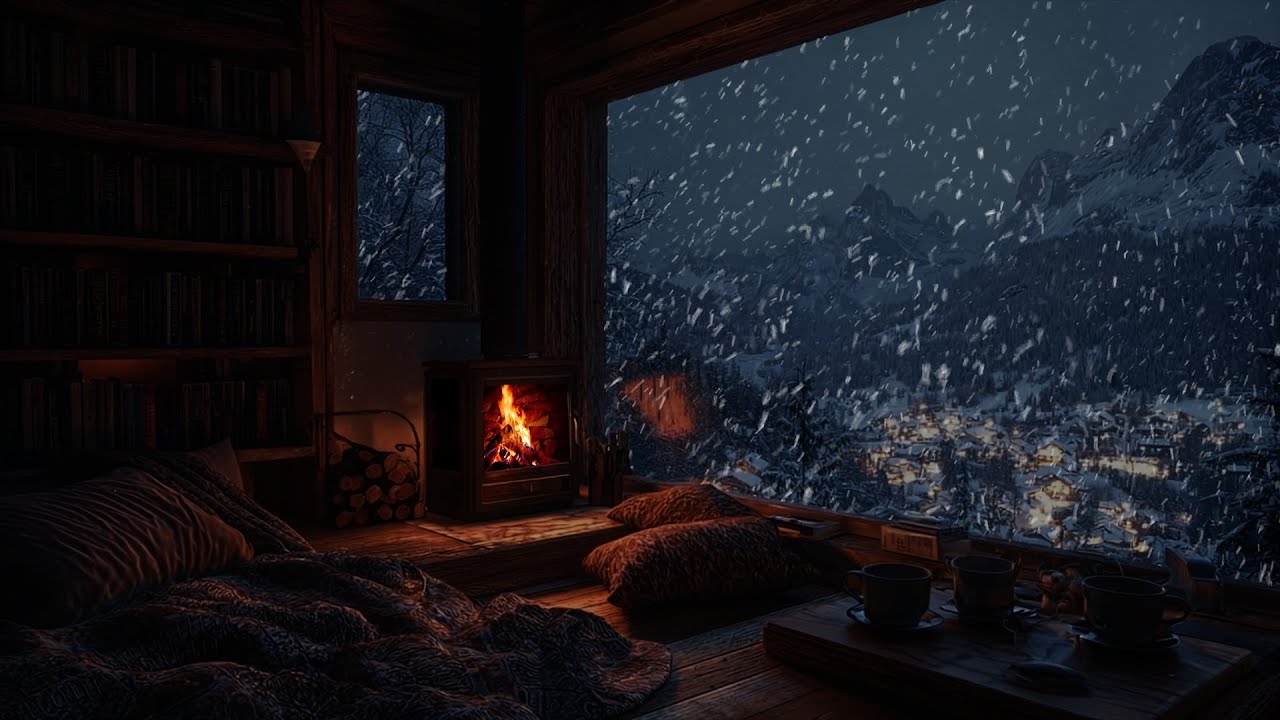 Gentle Snow Drifting Softly Around Warm Firelight ❄️ A Quiet Winter Night for Rest