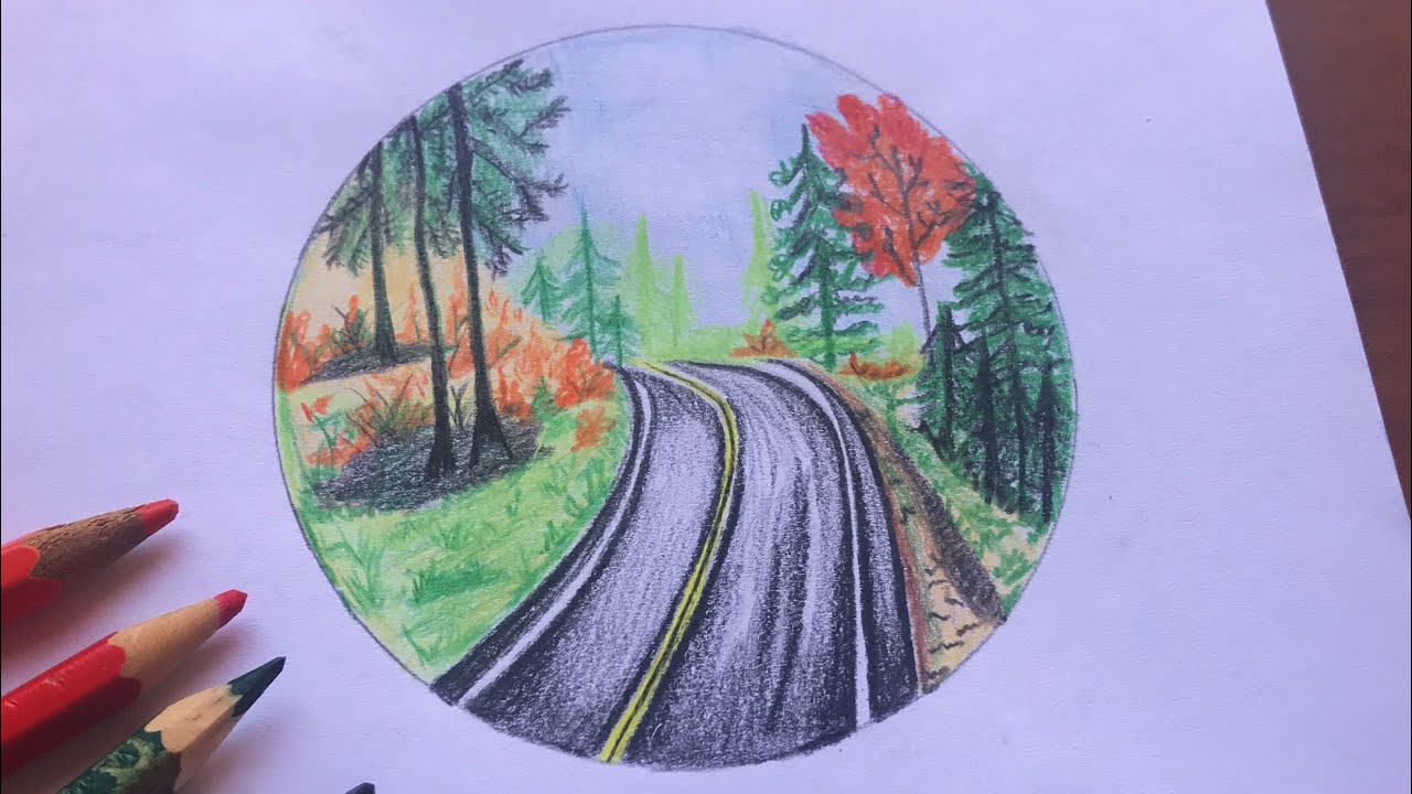 Como desenhar estrada caminho cheio de natureza. Passo a passo.