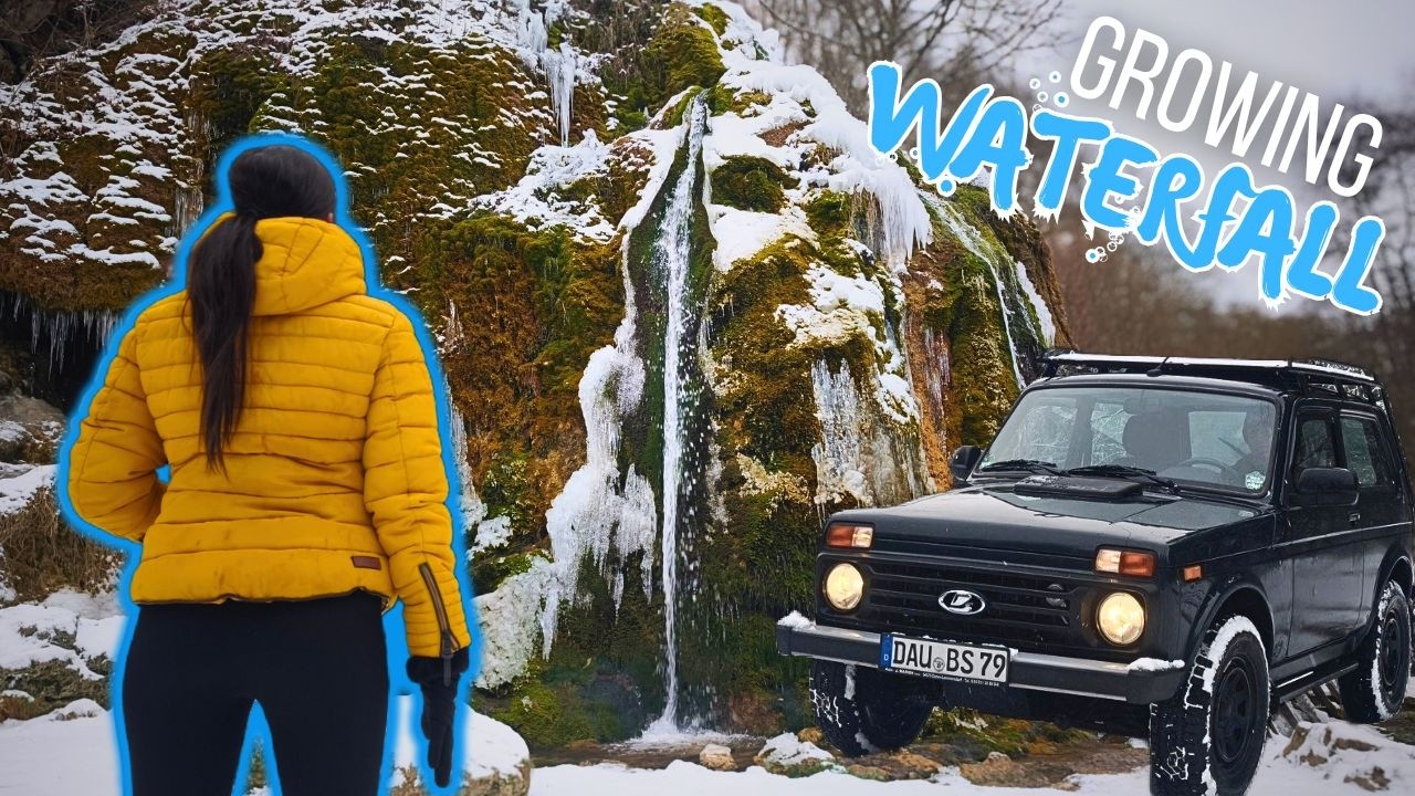 Driving Through the Snow with Lada Niva to Really Special Growing Waterfall!