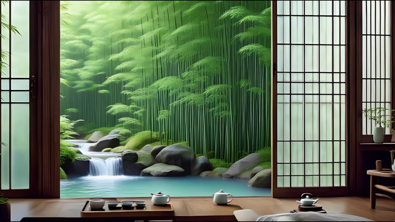 Tranquil Bamboo Teahouse by the Waterfall | Bamboo Forest, Wind Chime & Flowing Stream Sounds