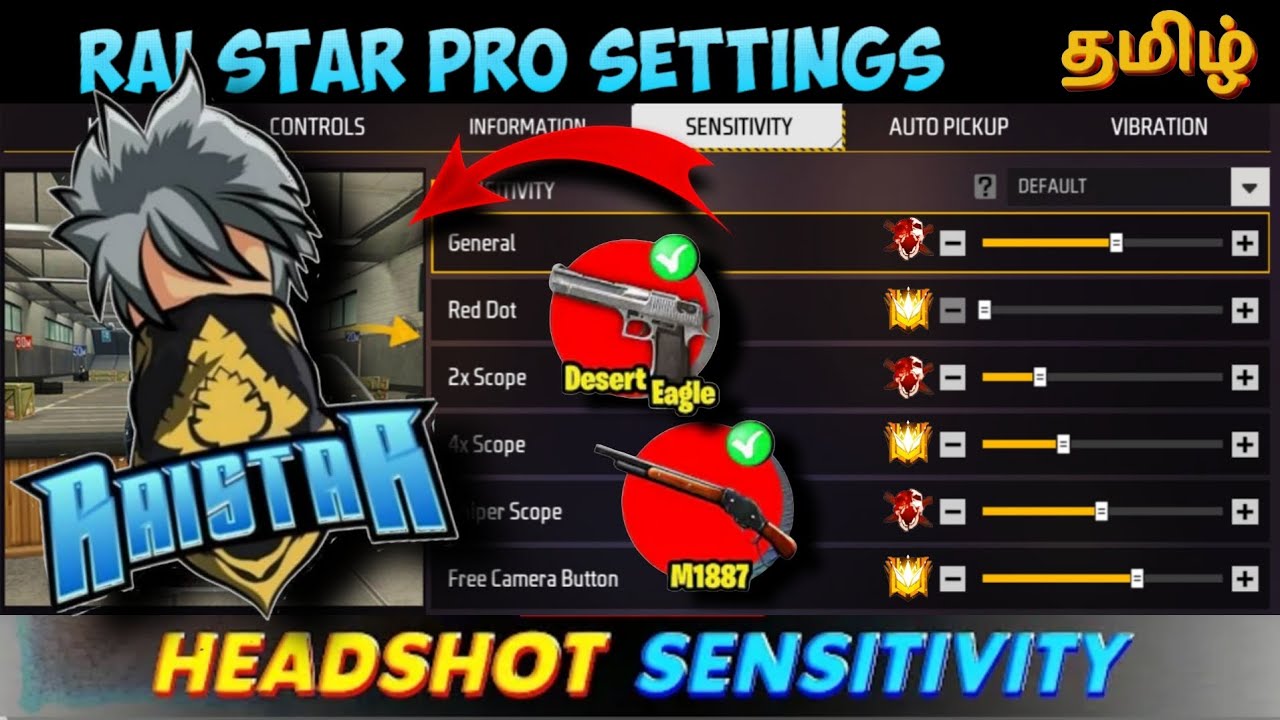 Raistar pro settings headshot sensitivity free fire tamil desert eagle and m1887 headshot rate 80.7