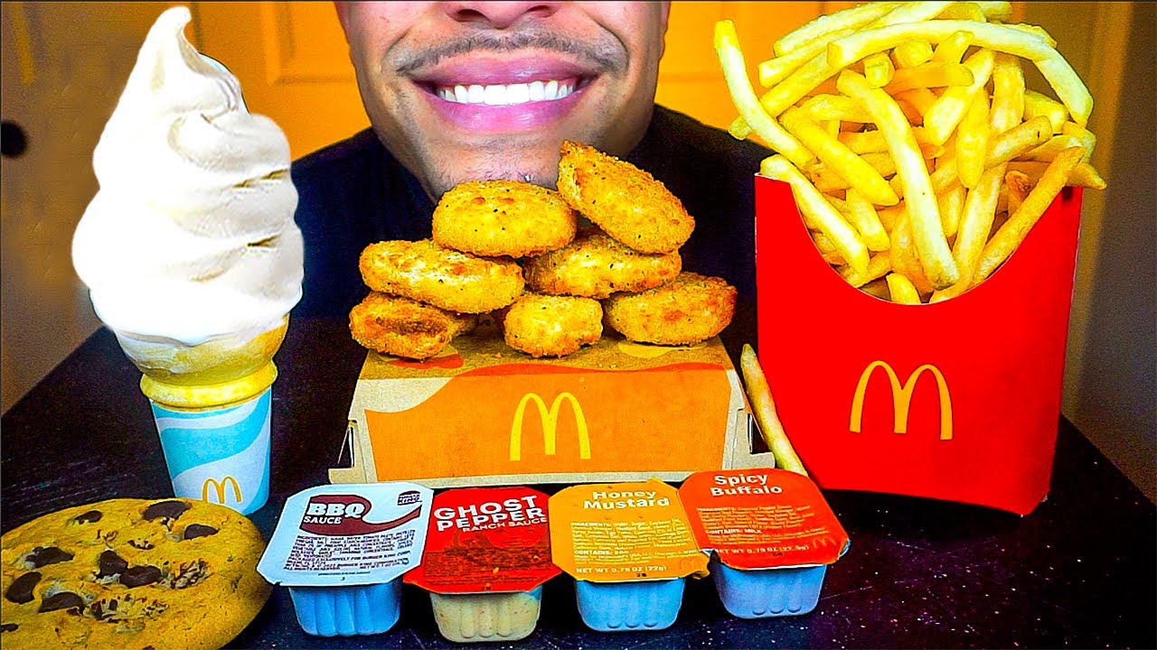 MCDONALD'S CHICKEN NUGGETS ICE CREAM CONE DIPPED CHOCOLATE CRISPY FRENCH FRIES BIG BITES ASMR MUKBAN