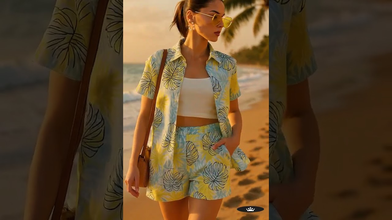 Yellow Palm Linen Shorts Set for Women | Beachwear & Casual Look | Brand Black Jack 