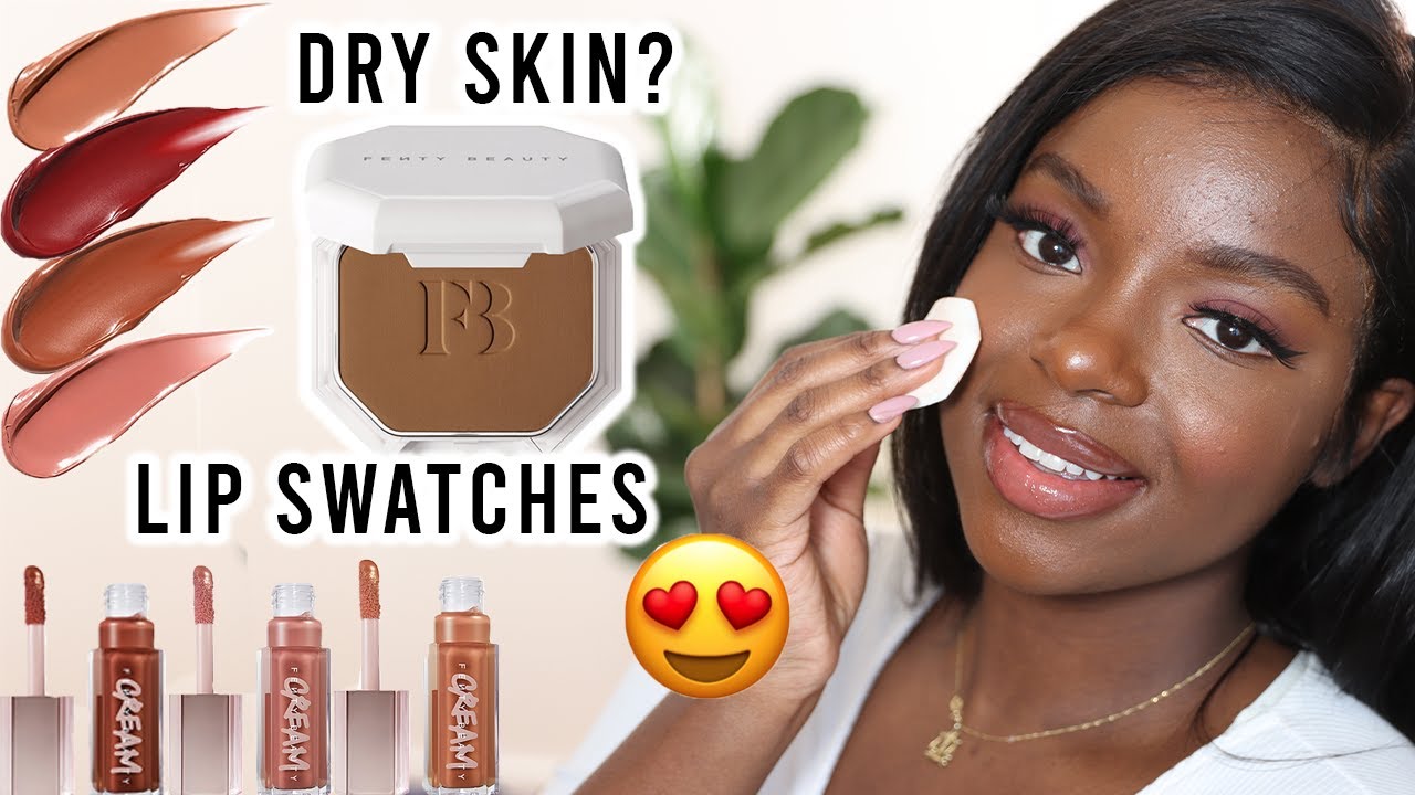 FENTY BEAUTY SOFT MATTE POWDER FOUNDATION REVIEW 420 + GLOSS BOMB CREAM LIP SWATCHES | DARK SKIN