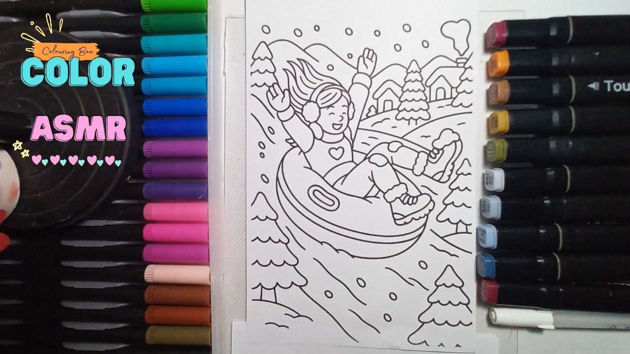 Color With Me ASMR |Winter Skiing scene |Calming markers coloring sound |Colouring Bae