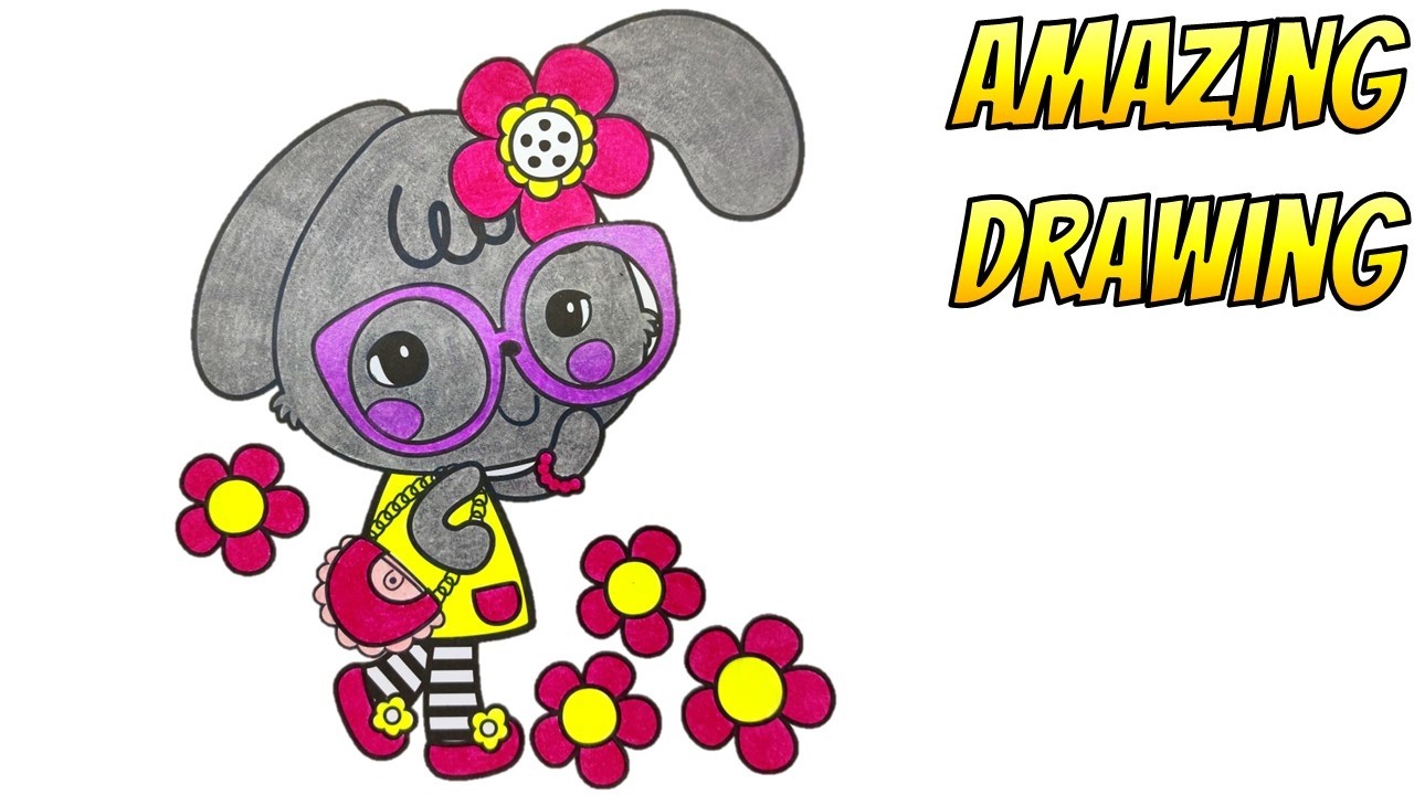 Gray Bunny with Pink Glasses on Pink Flower Path #amazingdrawing