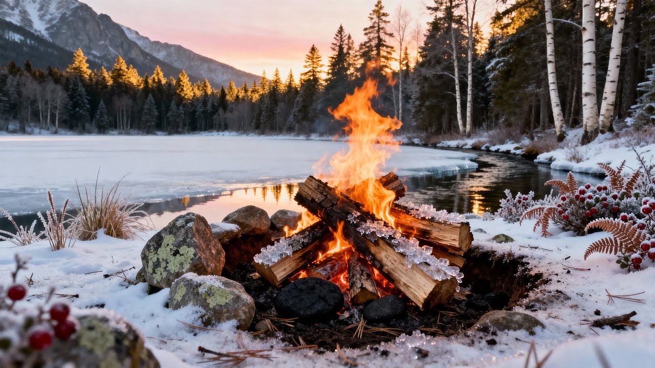 Winter Riverside Campfire ❄️ Crackling Fire & Flowing Water Sounds [4K UHD]