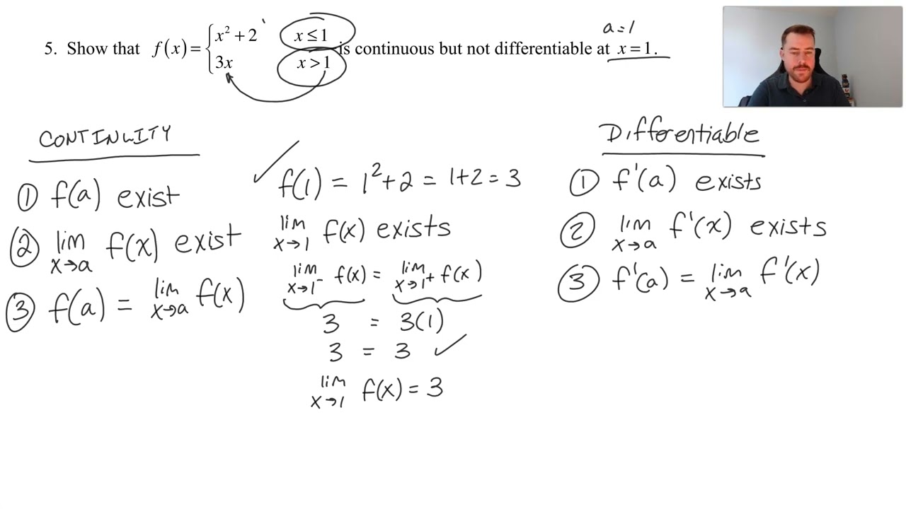 Show the Function is Continuous But Not Differentiable at x=1