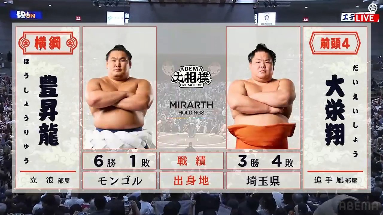 豊昇龍　対　大栄翔　大相撲大阪場所中日